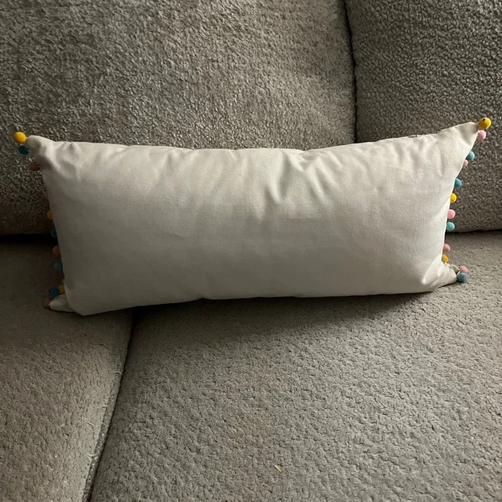 Easter Egg Lumbar Pillow Pastel Gold Foil Pom Pom Trim Spring‎ Decor White